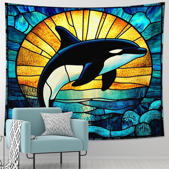Orca Whale Tapestry, Blue Ocean Wall Decor, Summer Beach Aesthetic for Living Room, Bedroom, Cozy Tapestries for Home Decoration 40x60 Inch