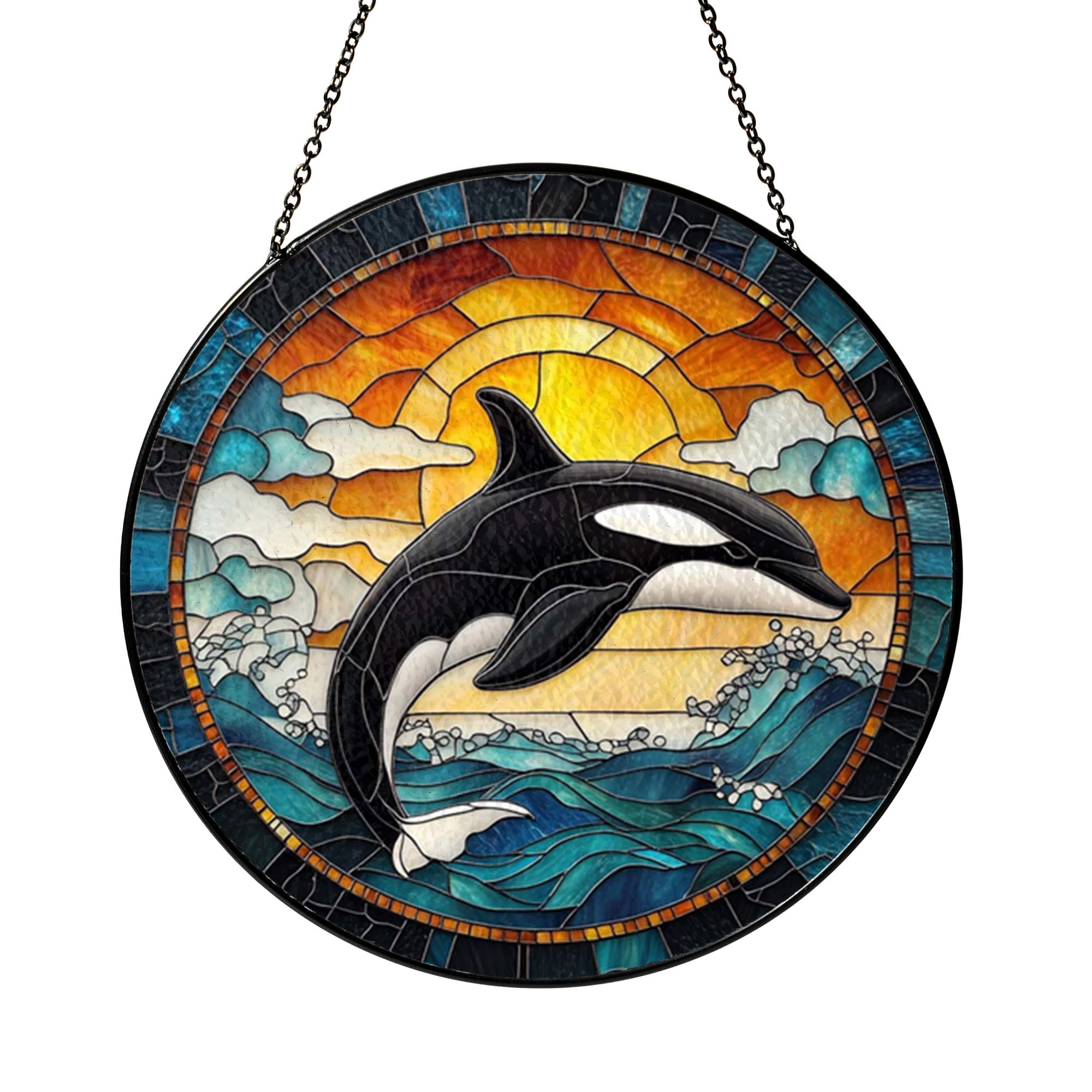 Orca Whale Tiffany-Style Stained Glass Ornament, Beveled Round Glass ...
