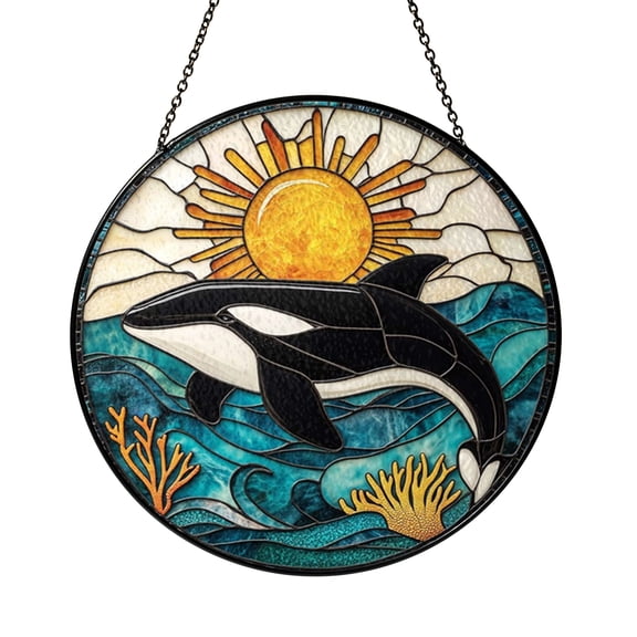 Orca Whale Window Stained Glass Panel Vibrant Ocean Scene Circular Hanging Home Accent