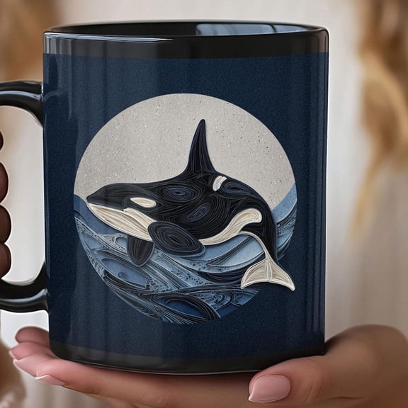 Orca Whale in Moonlight Mug | Quilled-Look Black Coffee Cup