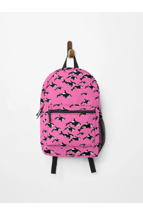 Orca Whales Graphic Print On Pink Backpack, Orcas Backpacks, Sea Backpacks, Back To School Backpack
