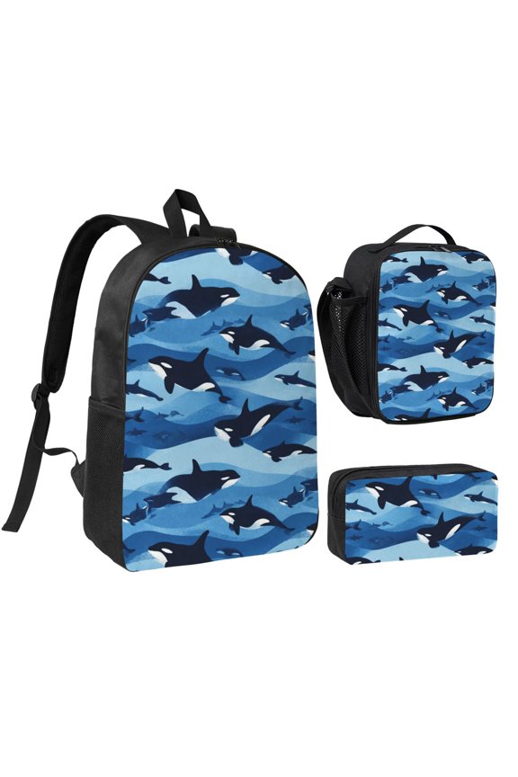 Orca Whales Swimming Backpack Set,3PCS Backpack Set with Insulated Lunch Bag and Pencil Pouch,Travel Backpack,Large Capacity Daypack,Utility Organizer Set for Daily Use Travel