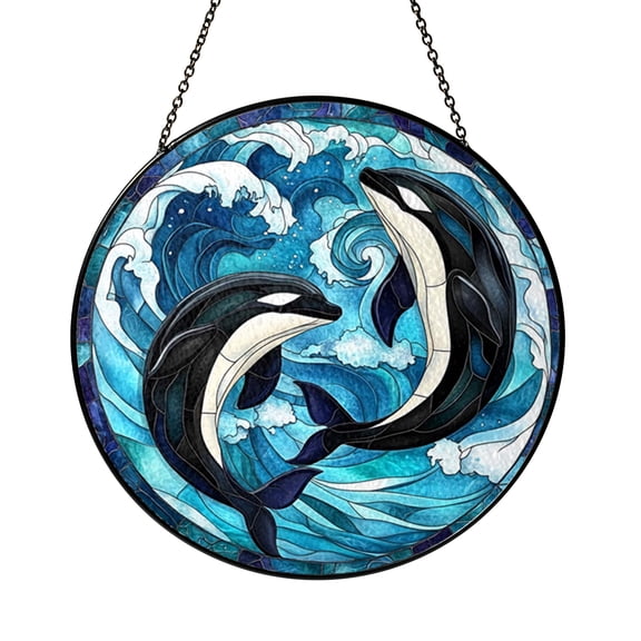 Orca Window Hanging Decor, Stained Glass Style Fantasy Ocean Suncatcher, Decorative Glass Panel for Windows