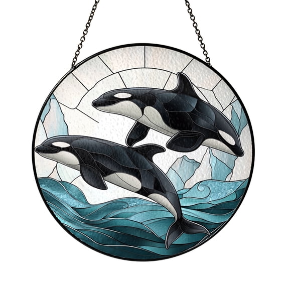 Orca Window Suncatcher with Stained Glass Look, Home Coastal Window Decor Featuring Whale Pod Design