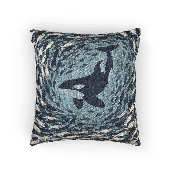 Orca and School of Fish Navy Blue and Muted Teal Double-Sided Woven Throw Pillow, 17 x 18 in