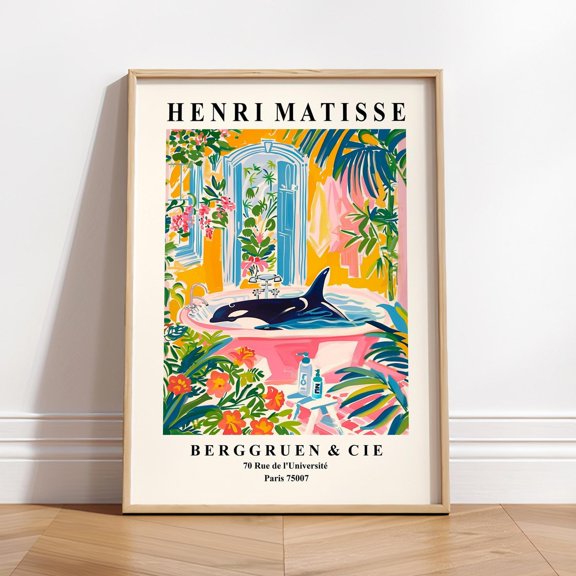 OrcaBathtub Art Print Pink Tropical Print Henri Matisse Art Animal Poster Whale Print Bathroom Decor Wall Art Modern Wall Decor
