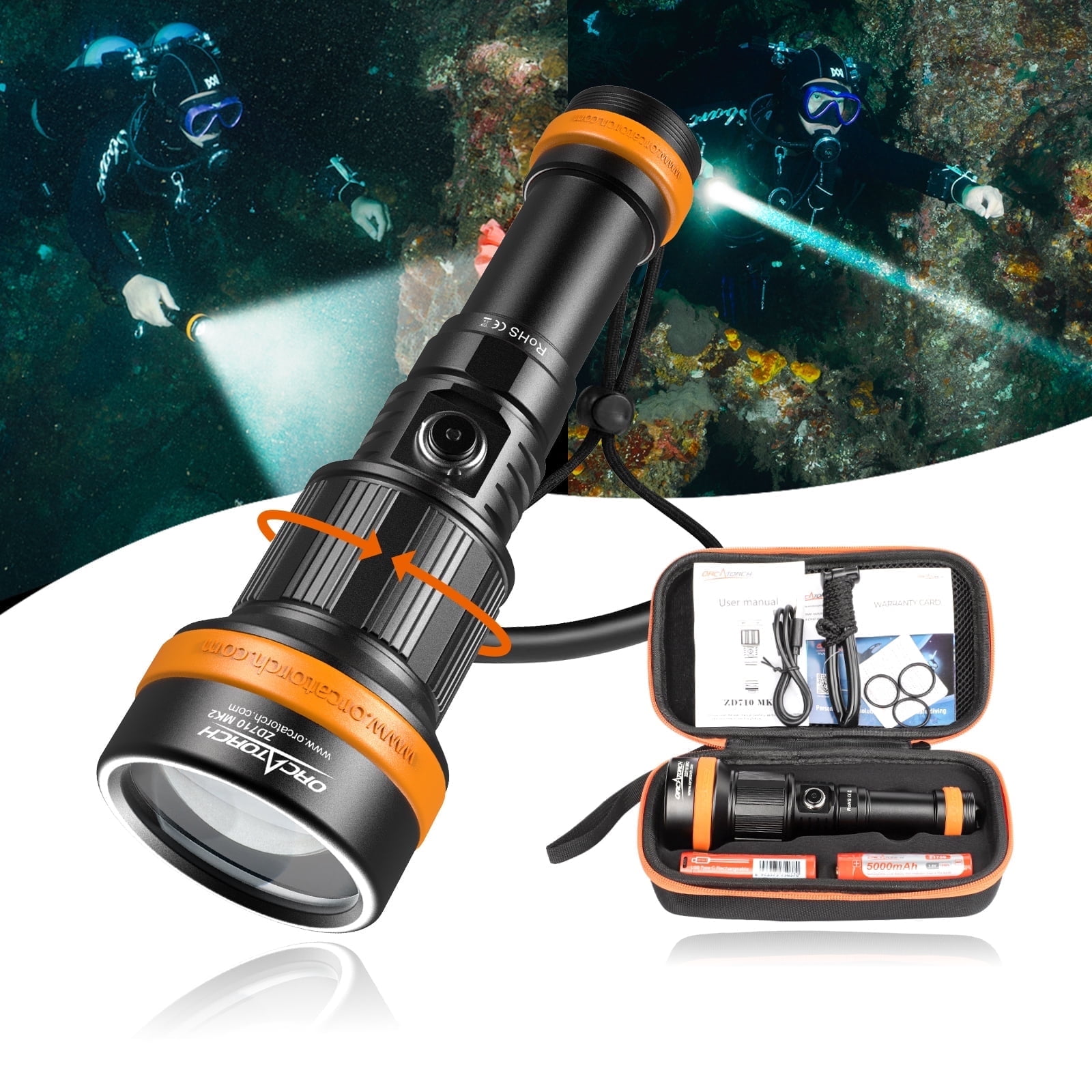 ORCATORCH ZD710 MK2 Zoomable Beam Rechargeable Scuba Diving Flashlight with Spare Battery