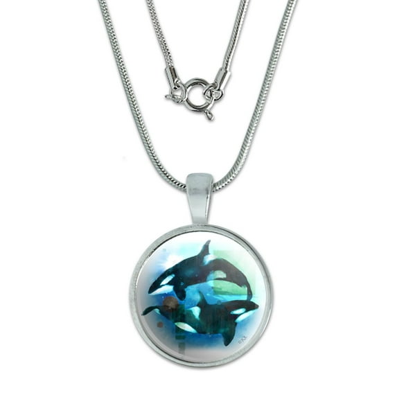 Orcas Killer Whales Watercolor Yin Yang 0.75" Pendant with Sterling Silver Plated Chain