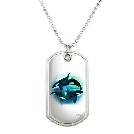 Orcas Killer Whales Watercolor Yin Yang Military Dog Tag Pendant Necklace with Chain