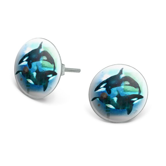 Orcas Killer Whales Watercolor Yin Yang Novelty Silver Plated Stud Earrings