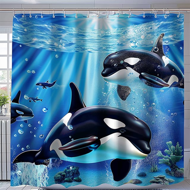 Orcas Ocean Shower Curtain Set White with Black Grey Navy Blue Bathroom