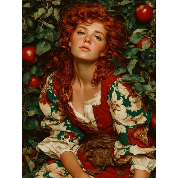 Orchard Redhead Portrait Canvas Wall Art, Romantic Apple Greenery Print, Elegant Home Wall Decor