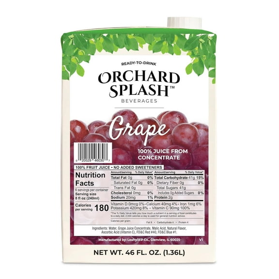 Orchard Splash 46oz Ready to Drink Juice (12 Aseptic Cartons per Case) (Grape 100%)