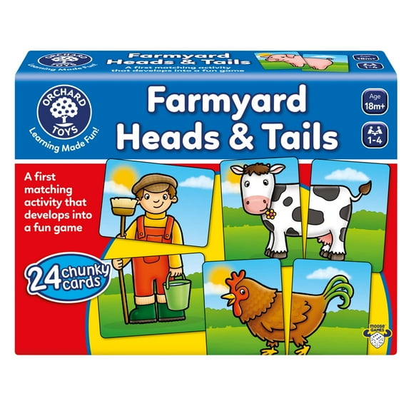 Orchard Toys Moose, Farmyard AIF4Heads & Tails Game. A First Matching Activity That develops into a Fun Game. 24 Chunky Cards. Age 18 Months+. 1-4 Players