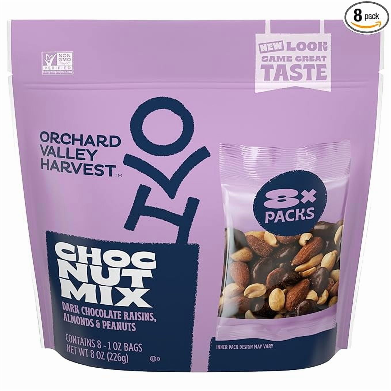 Orchard Valley Harvest Choc Nut Mix Multipack, 1 oz (Pack of 8), Dark Chocolate Raisins, Almonds & Peanuts, Gluten Free, Resealable Bag, Non-GMO, 4g Plant Based Protein Per Serving, On-The-Go Snack