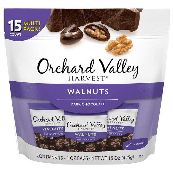 Orchard Valley Harvest Dark Chocolate Walnuts, 15 Count Multi-Pack, 1 oz Bags