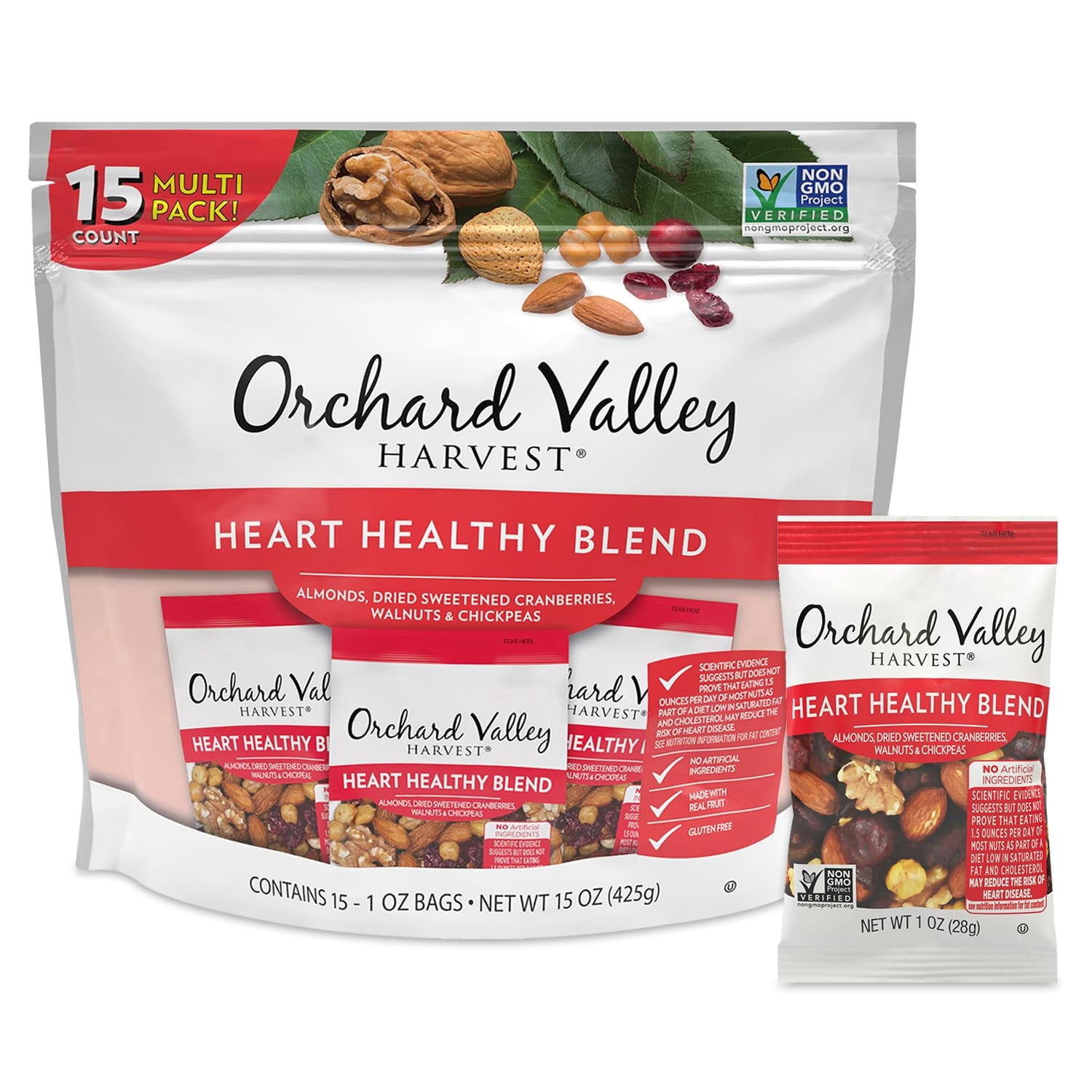 Orchard Valley Harvest Heart Healthy Blend, 1 Ounce Bags (Pack of 15), Almonds, Cranberries, Walnuts, and Chickpeas, Gluten Free, Non-GMO, No Artificial Ingredients, Healthy Snacks for Adults