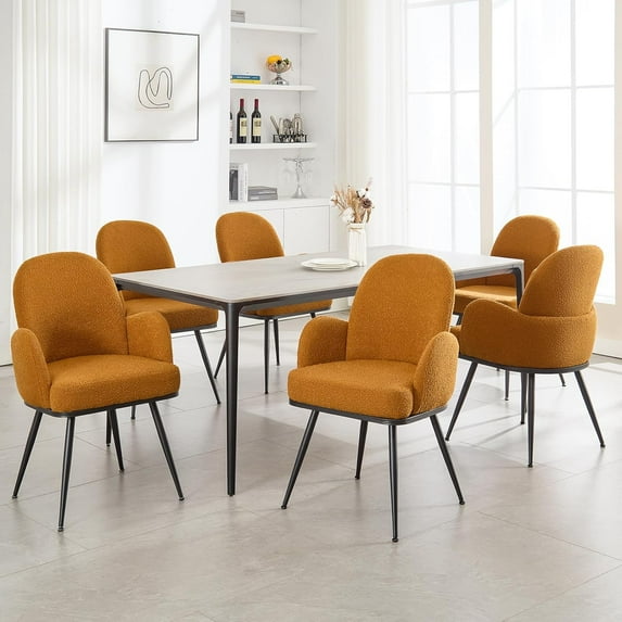 Orche Dining Chairs Set of 6, Modern Boucle Fabric Upholstered Kitchen Dining Chairs with Arms and Sturdy Metal Legs for Restaurant Cafe Living Room Bedroom