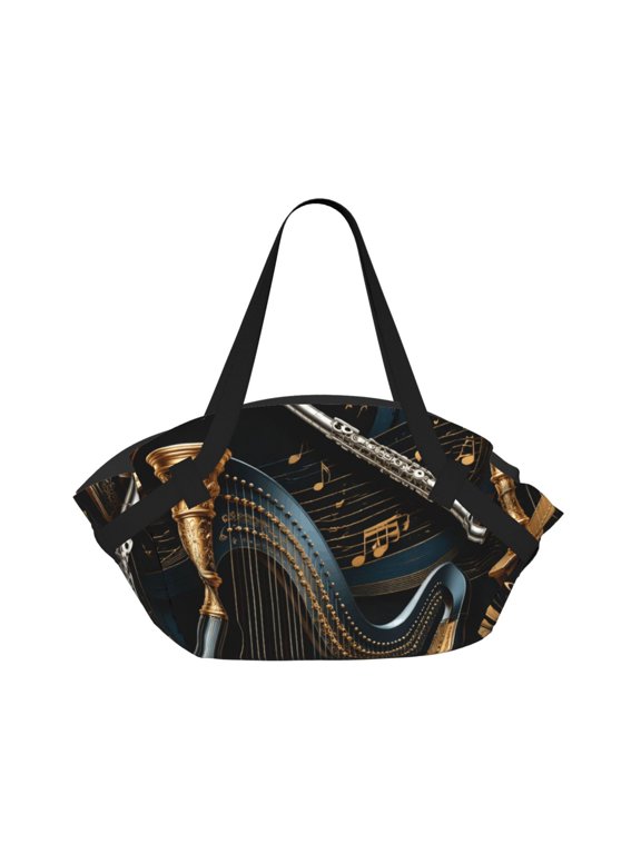 Orchestral Harp Ensemble Art 2-in-1 Foldable Picnic Blanket Tote Bag Shoulder Handbag, Large Circular Outdoor Mat for Beach Camping Park