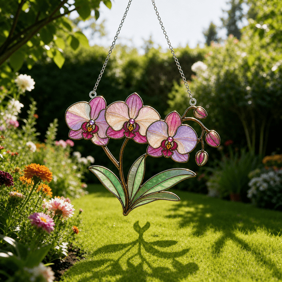 Orchid Acrylic Suncatcher Window Hanging Gift for Mom, Floral Stained Glass Style Decor