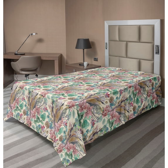 Ambesonne Orchid Artwork Flat Bedding Sheet Soft Top Sheet, Asian Leaves Pattern, Twin XL, Almond Green and Pale Pink