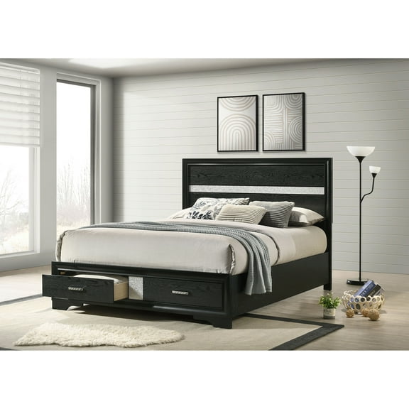 Orchid Black Queen Storage Panel Bed - 83.75" Black Wood Bedroom Bed Frame w/ Drawers. Glamorous Design. No Box Spring Needed. Bedroom Furniture