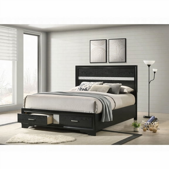 Queen Size engineered wood storage bed frame with crystal pulls and black finish for bedroom.