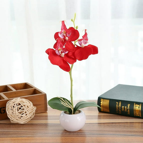 Orchid Bonsai Plant Verdsylv Butterfly Orchid Bonsai in Round Pot - Realistic Simulated Plant for Indoor Home Table Desk Office Decor, Artificial Floral Arrangement, Artificial Potted Orchid, Red