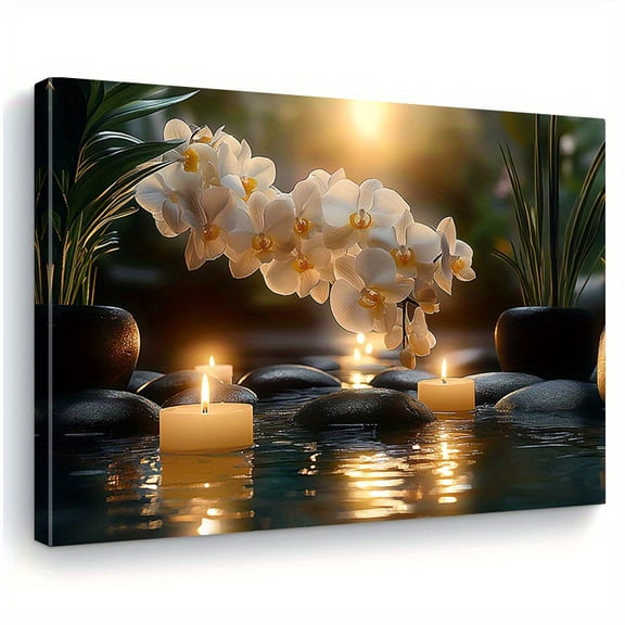 Orchid & Candlelit Water Edge Canvas Wall Art - Wooden Framed Horizontal Serene Nature Scene, High-Quality Ink on Canvas, Elegant Home Decor for Living Room, Bedroom, Office, Bathroom, Dining Room,