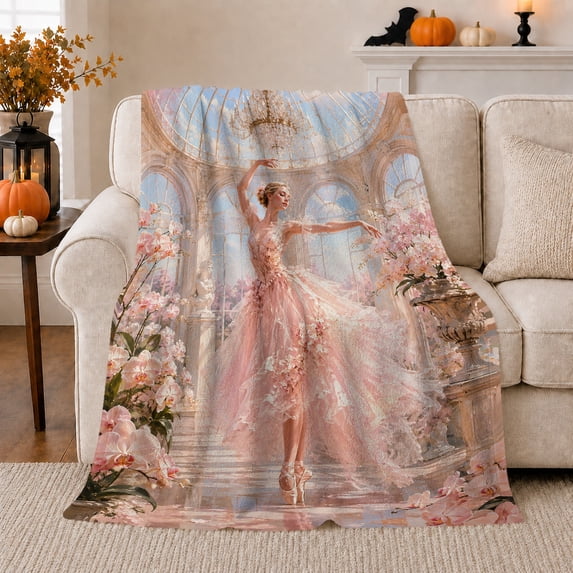 Orchid Conservatory Ballerina in Pink Gown, Romantic Painterly Style for Ballet Lovers, Birthday Gift, Cozy Flannel Blanket for Bedroom and Living Room, Home Decor