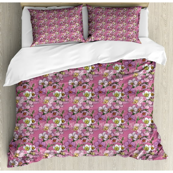 Orchid Duvet Cover Set, Feminine Floral Pattern with Abstract Colorful Romantic Flowers, Decorative 3 Piece Bedding Set with 2 Pillow Shams, Calking Size, Pale Fuchsia and Multicolor, by Ambesonne