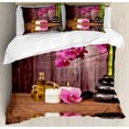 thumbnail image 1 of Orchid Duvet Cover Set, Modern Chill Vibes Boho Stones and Flower with Candles and Water Photo Print, Decorative 3 Piece Bedding Set with 2 Pillow Shams, King Size, Umber Green Pink, by Ambesonne, 1 of 3