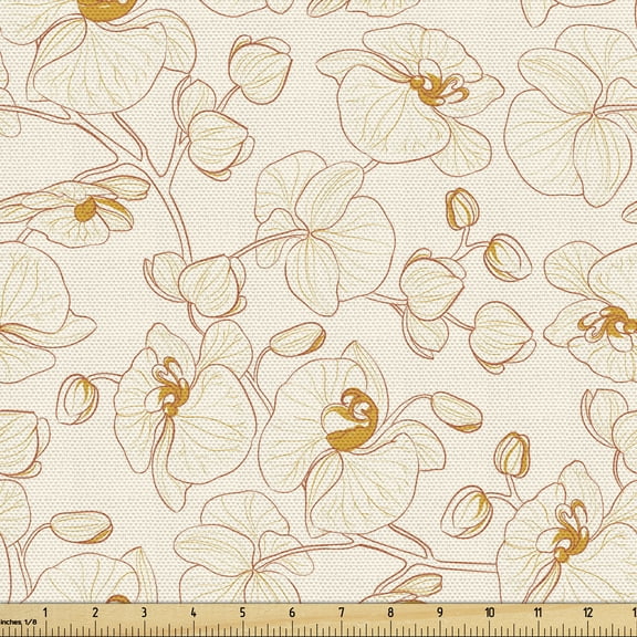 Orchid Fabric by the Yard, Vintage Style Repetitive Romantic Pattern with Outline Petals and Buds, Decorative Upholstery Fabric for Sofas and Home Accents, 5 Yards, Champagne and Apricot by Ambesonne
