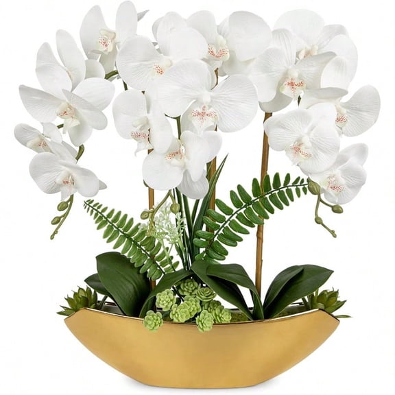 Orchid Fake Flowers 18in White Artificial Orchid Silk Flowers in Gold Pot Faux Orchid Arrangement for Home Office Bathroom Dining Table Modern Decoration