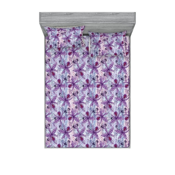 Orchid Fitted Sheet & Pillow Sham Set, Exotic Flowers on Pastel Rose and Soft Blue Hues Garden Blooming Pattern, Decorative Printed 3 Piece Bedding Decor, Full, Violet and Raspberry, by Ambesonne