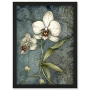 Orchid Flower Blooms Pastel Colour Art Nouveau Artwork Framed Wall Art Print A4