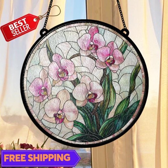 Orchid Flower Suncatcher, Glass-Effect Pink Floral Window Panel