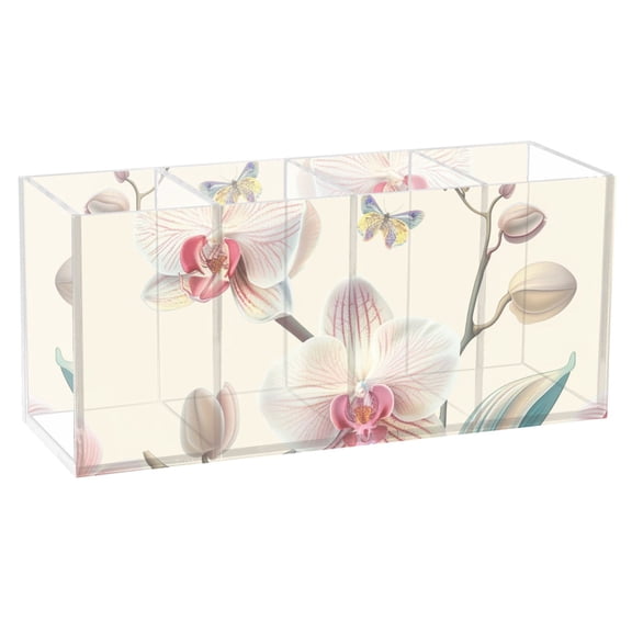 Orchid Flower and Butterfly Acrylic Pencil Pen Holder Cup 4 Compartments Desktop Organiser 7.87"x2.78"x3.54"