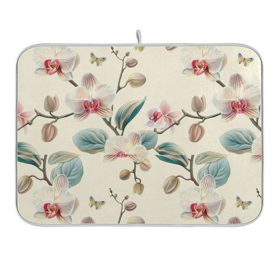 Orchid Flower and Butterfly Dish Drying Mat 16x18 Absorbent Microfiber Draining Rack Pad for Kitchen Counter Sink