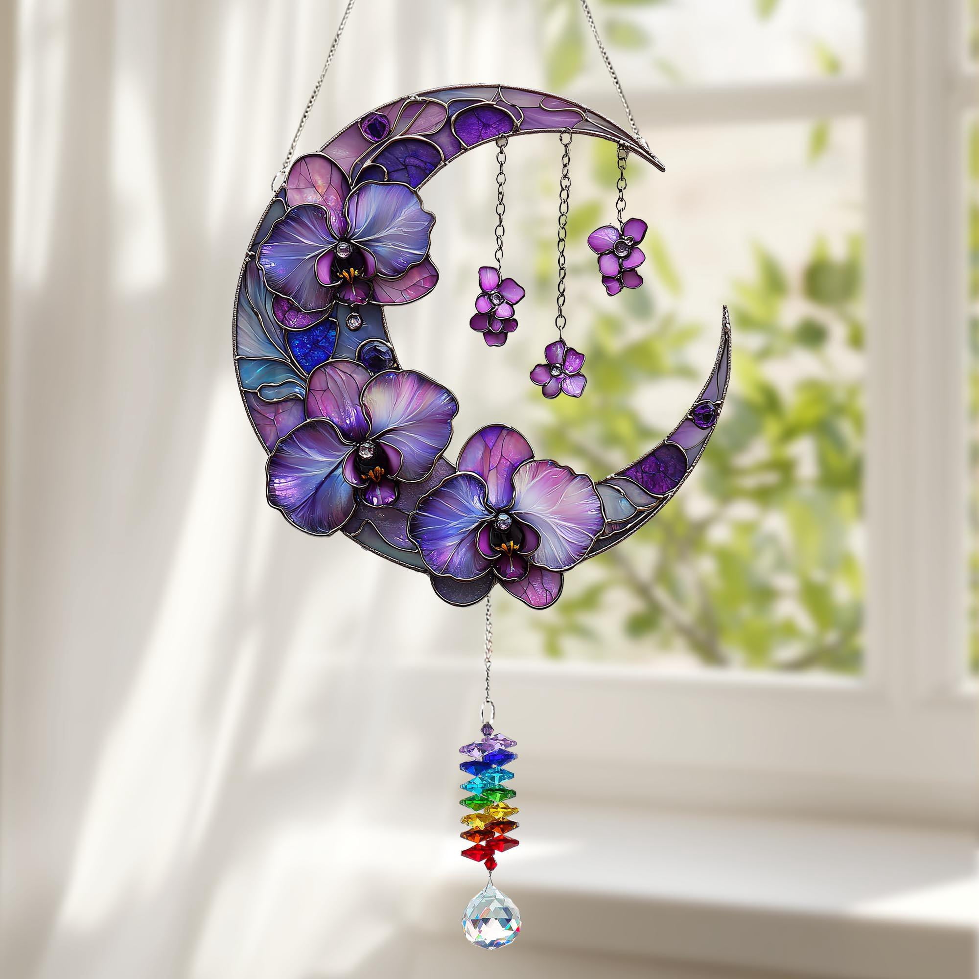 Orchid Flowers Crescent Moon Hologram Crystal Charm Acrylic Window Hanging, Personalized Gift for Orchid Lovers, Gift for Mom 4335590834 4677