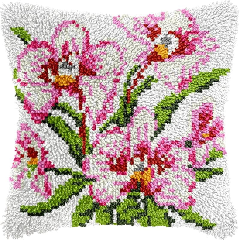 Orchid Flowers Latch Hook Pillow Kits Cushion Pillowcase with Pattern Printed Canvas Sofa Hooking Pillows Crafts Embroidery Latch Hooking Crochet Kits 17x17 inch(60)