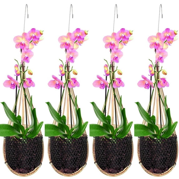Orchid Hanging Planter 4 Inch 4 Pack with Bird Nest Style Plant Hangers, Handmade Thai Bamboo Woven Hanging Orchid Basket for Trellis Gazebo Indoor Outdoor
