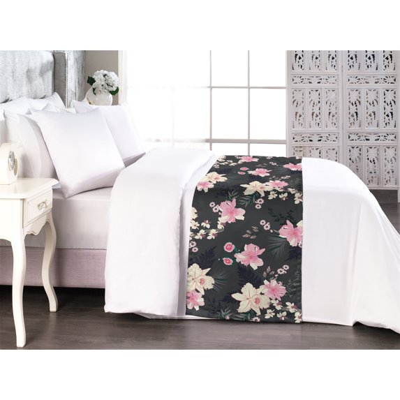 Orchid Pattern Bed Runner, Japanese Inspirations Delicate Floral and Petals with Soft Colors, Decorative Accent Bedding Scarf for Hotels Homes & Guest Rooms, Queen, Pastel Pink Champagne, by Ambesonne