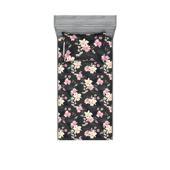 Orchid Pattern Fitted Sheet & Pillow Sham Set, Japanese Inspirations Delicate Floral and Petals with Soft Colors, Decorative Printed 2 Piece Bedding Decor, Twinxl, Pastel Pink Champagne, by Ambesonne