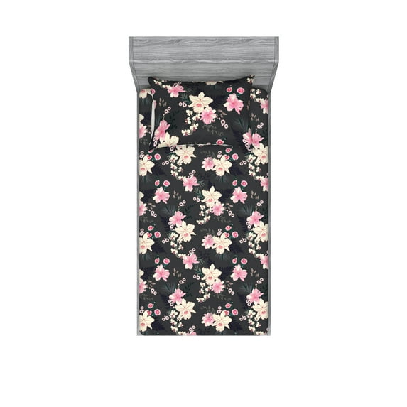 Orchid Pattern Fitted Sheet & Pillow Sham Set, Japanese Inspirations Delicate Floral and Petals with Soft Colors, Decorative Printed 2 Piece Bedding Decor, Twinxl, Pastel Pink Champagne, by Ambesonne