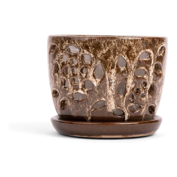 Orchid Pot - 5 inch Floral Cutout Ceramic Orchid Pot with Holes (Creamy ...