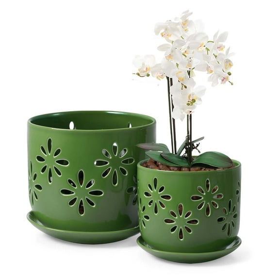 Green Ceramic Orchid Planter with Drainage Holes, 5 & 6 Inch Slotted Flower Pots for Healthy Roots, Modern Indoor Garden Decor