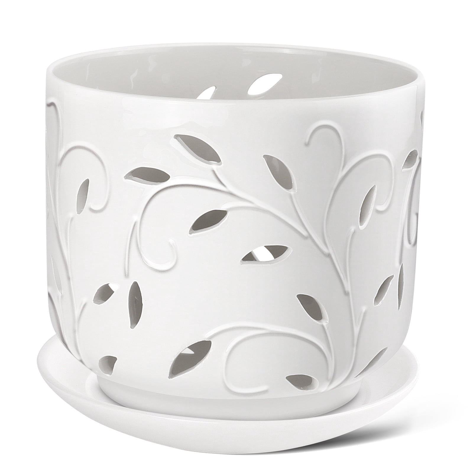 BUYMAX orchid pot, 7 inch ceramic planter with drainage holes and tray, white indoor/outdoor flower pot for orchid care and root health