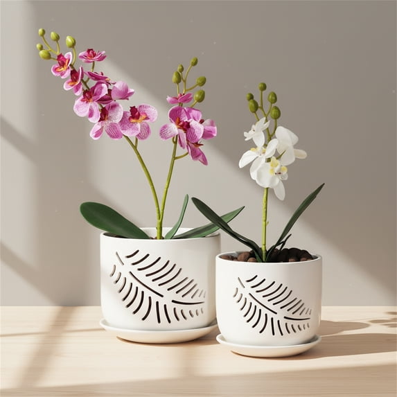 White Orchid Pots with Hole, 5+6 Inch flower pot with Drainage Holes and Saucers,2PACK