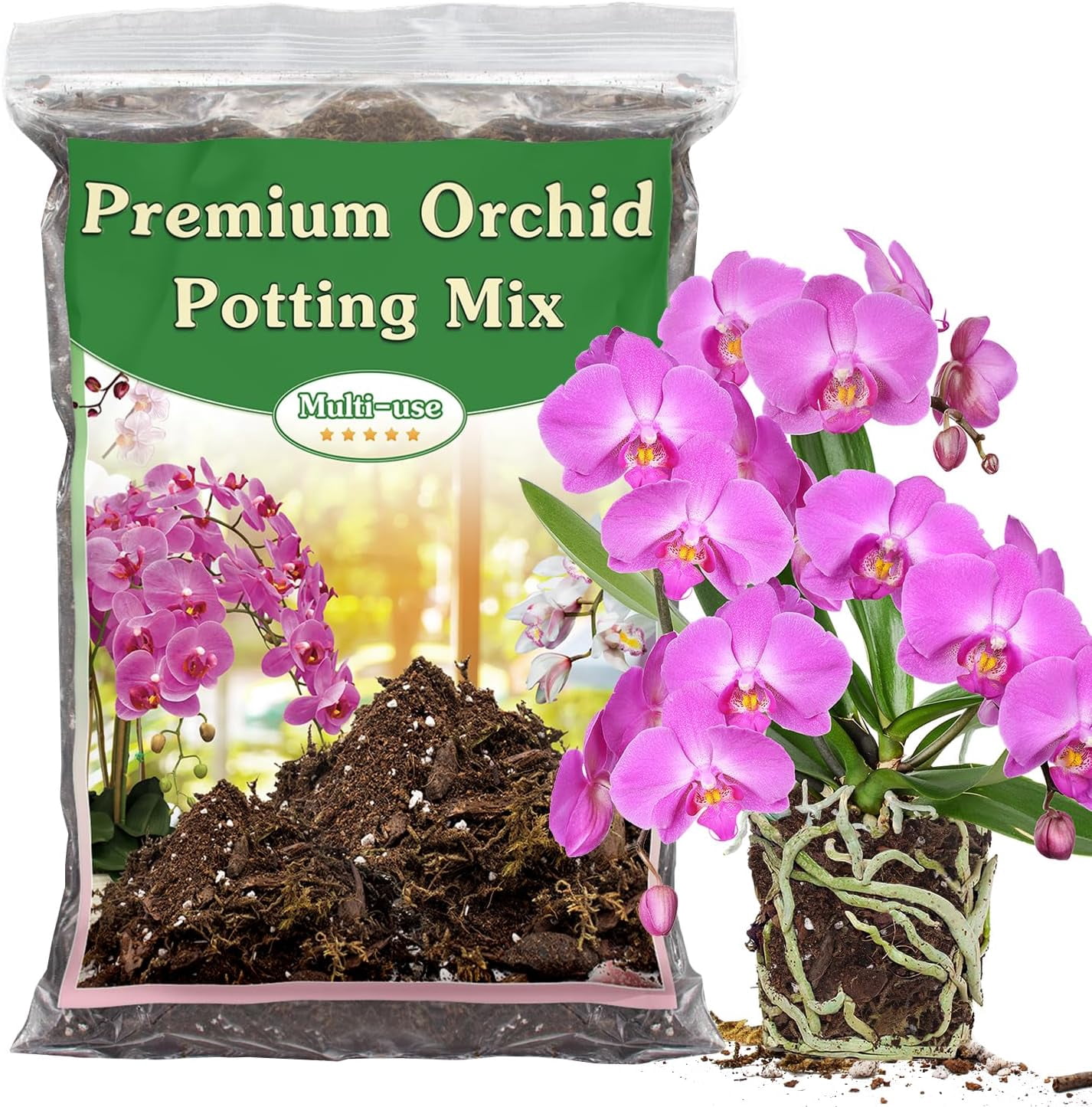 Orchid Potting Mix,4 Quart Premium Orchid Potting Mix for Repotting with Dried Forest Moss Perlite Stone Coco Peat and Pine Bark, Well-draining Orchid Bark Potting Mix